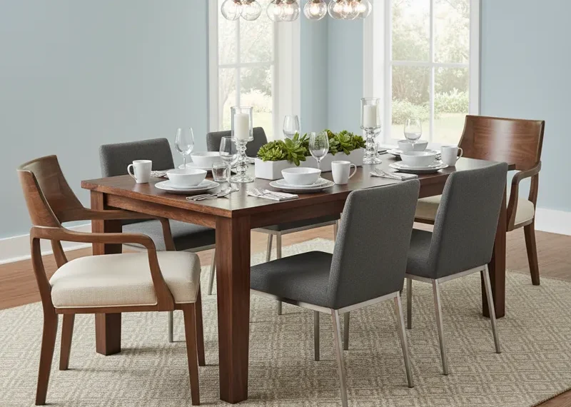 Modern 8 piece dining set featuring a rectangular wooden table and 8 matching upholstered dining chairs, perfect for a large dining room.