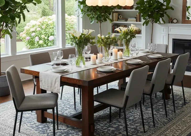 Spacious 8 seater dining table in a modern dining room setting, featuring a wooden top and sleek design, perfect for large families and entertaining guests.