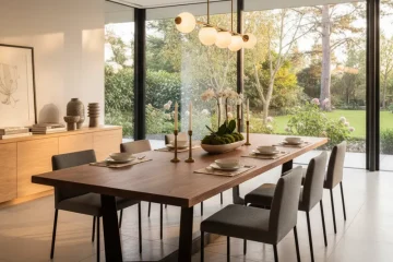 Modern 80-inch wooden dining table with a minimalist design, ready for family meals and entertaining guests. Seats 8-10 people comfortably.