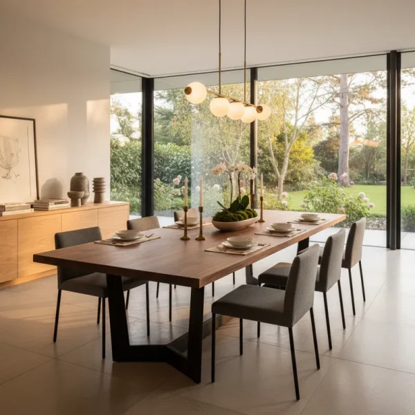 Modern 80-inch wooden dining table with a minimalist design, ready for family meals and entertaining guests. Seats 8-10 people comfortably.