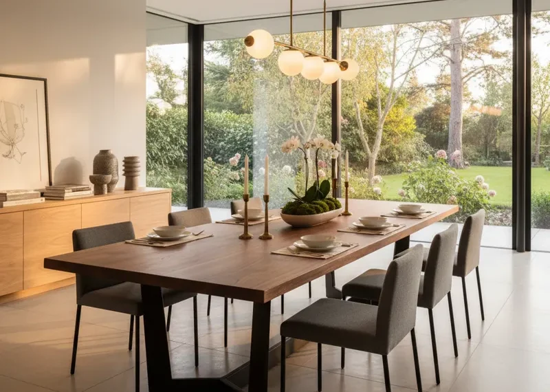 Modern 80-inch wooden dining table with a minimalist design, ready for family meals and entertaining guests. Seats 8-10 people comfortably.