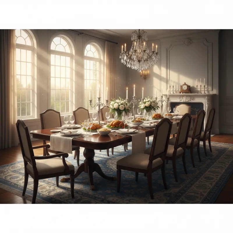 A wide, elegant 8ft dining table set for a large family meal, showcasing its length and capacity in a spacious dining room. Sunlight streams in from l