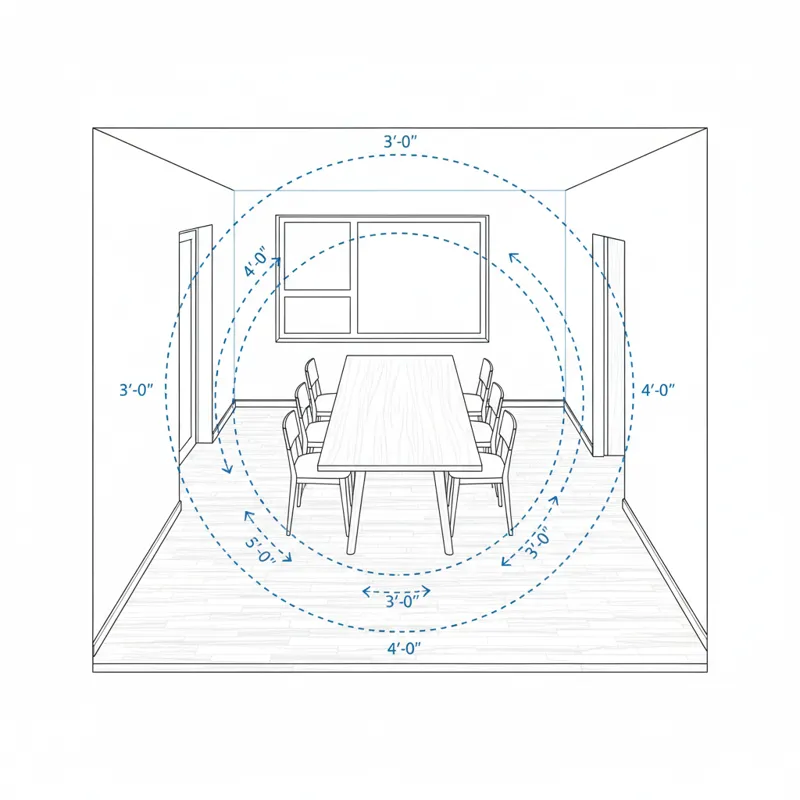 An architectural floor plan view showing an 8ft dining table within a dining room, with clear measurements for recommended clearances around the table