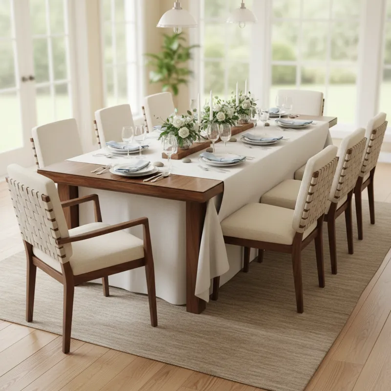 A beautifully set 8ft dining table with 10 chairs, two at each end and three along each long side, illustrating maximum comfortable seating capacity.