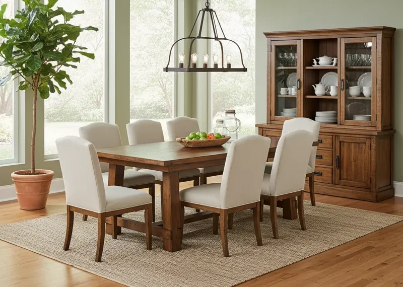 A complete 9 piece dining room set featuring a large rectangular wooden dining table, eight matching upholstered dining chairs, and a coordinating buffet cabinet.