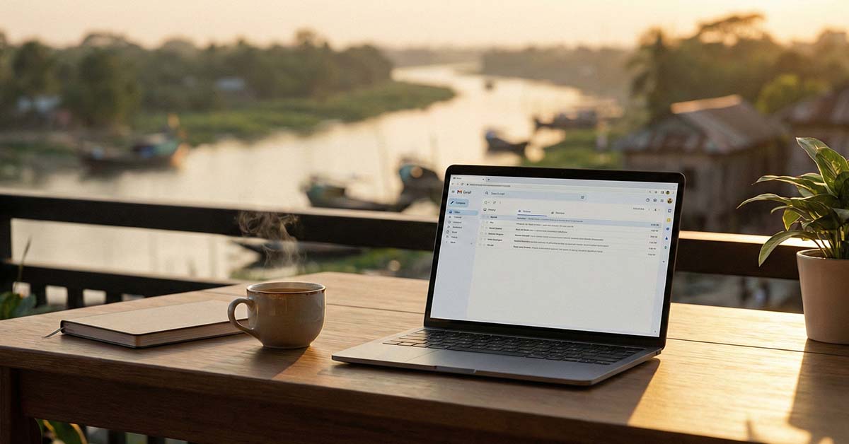 A laptop and tea on a balcony overlooking a river at sunset in Bangladesh