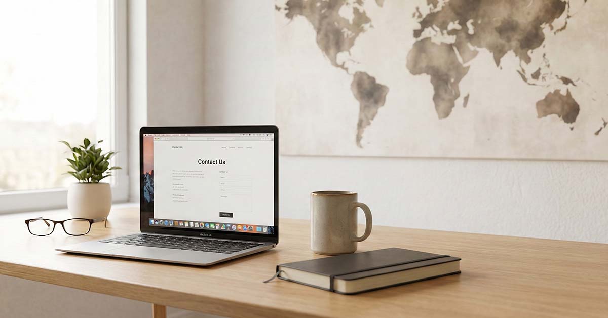 Modern office workspace with a world map background, representing Bangladesh Country’s global communication hub.