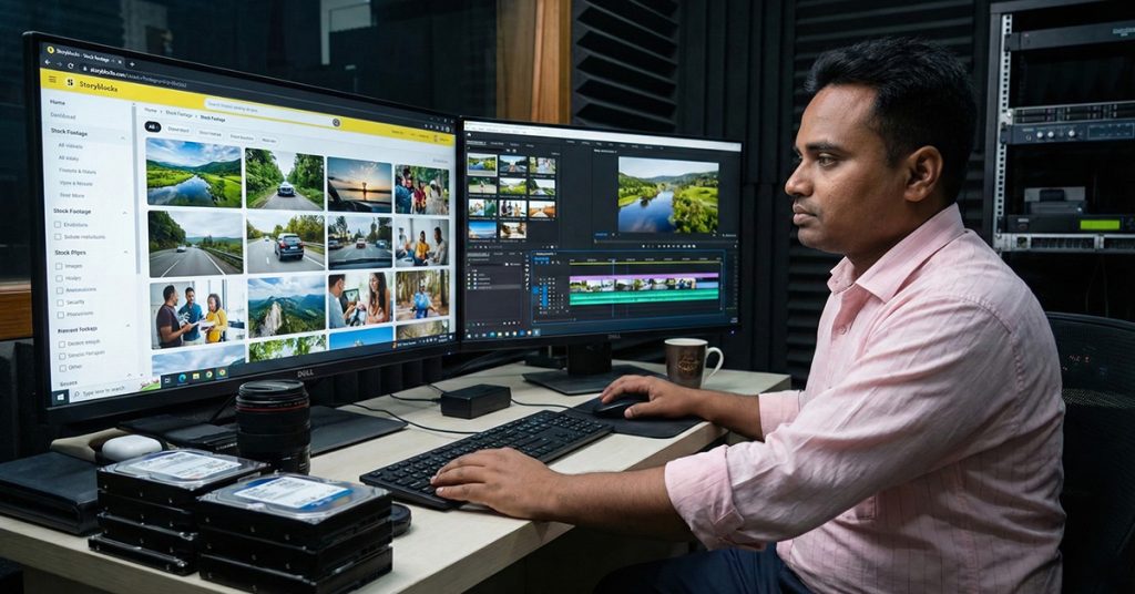 A human curator meticulously sifts through multiple video clips on monitors to find relevant visuals.