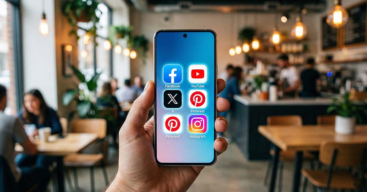A close-up of a hand holding a smartphone displaying icons for Facebook YouTube X Pinterest and Instagram
