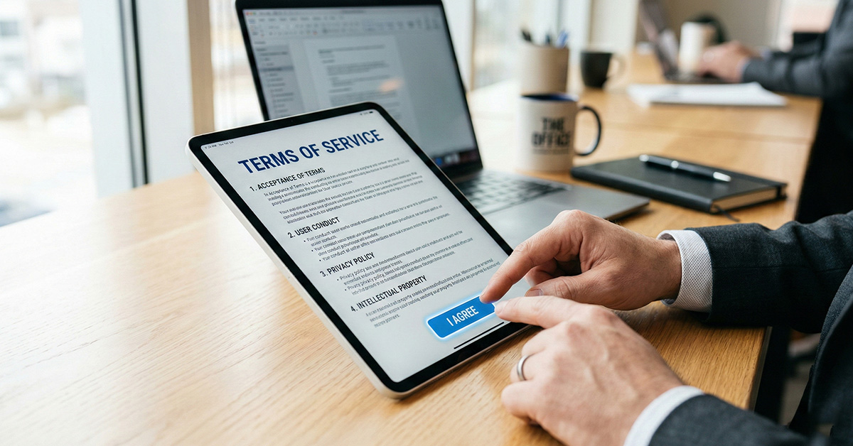 A close-up view of a hand interacting with a tablet screen displaying a "Terms of Service" agreement, with an "I AGREE" button, set on a professional office desk.