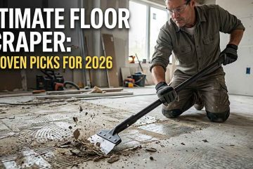 A man with safety glasses and gloves uses a long-handled floor scraper to remove residue from a concrete floor in a room under construction. Large white and yellow text in the upper left reads: ULTIMATE FLOOR SCRAPER: 7 PROVEN PICKS FOR 2026.