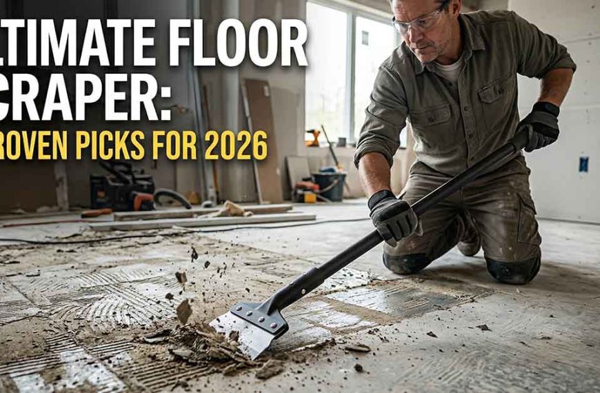A man with safety glasses and gloves uses a long-handled floor scraper to remove residue from a concrete floor in a room under construction. Large white and yellow text in the upper left reads: ULTIMATE FLOOR SCRAPER: 7 PROVEN PICKS FOR 2026.