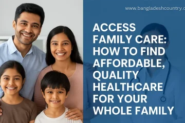 Smiling South Asian family (parents and two children) with text promoting access to affordable, quality healthcare for the whole family.