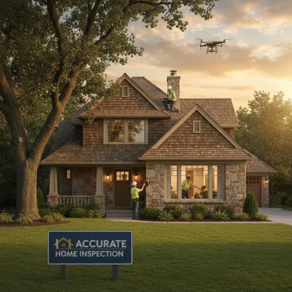 A professional home inspector meticulously examining the foundation of a house during an accurate home inspection, using a flashlight to check for cracks or issues.
