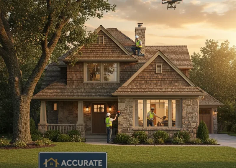 A professional home inspector meticulously examining the foundation of a house during an accurate home inspection, using a flashlight to check for cracks or issues.