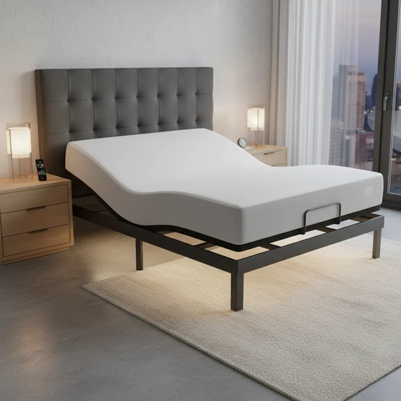 A modern, sleek adjustable bed base with a mattress, shown in a partially elevated head and foot position within a contemporary bedroom setting, highl