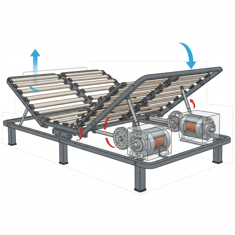 A close-up schematic or cutaway view of an adjustable bed base, clearly illustrating the internal electric motors, gear mechanisms, and articulating j