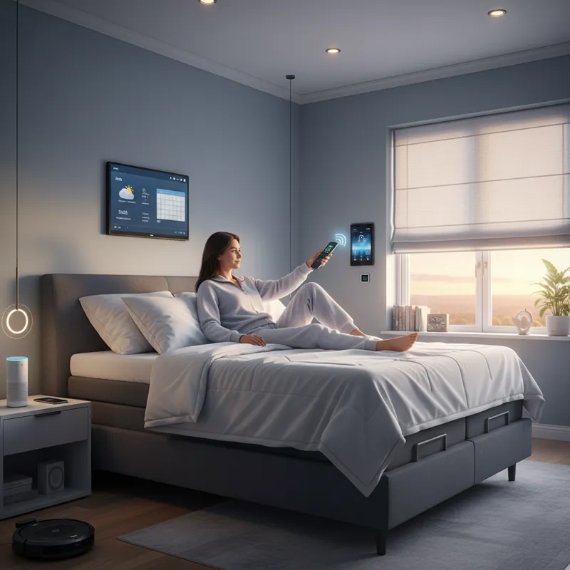 A person comfortably reclining on an adjustable bed base, using a wireless remote control to fine-tune their position. The bed has multiple sections e