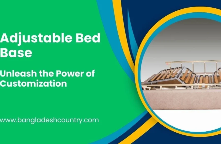 An advertisement for an adjustable bed base, featuring the bed's slatted frame mechanism on the right within a circular design. The left side has a green background with white text reading 'Adjustable Bed Base' and 'Unleash the Power of Customization'. The website 'www.bangladeshcountry.com' is also visible.