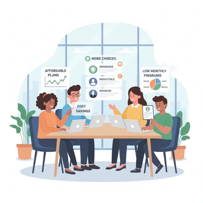 A diverse group of people reviewing health insurance documents on laptops and tablets, with a clear, modern, and accessible design. Focus on affordabi