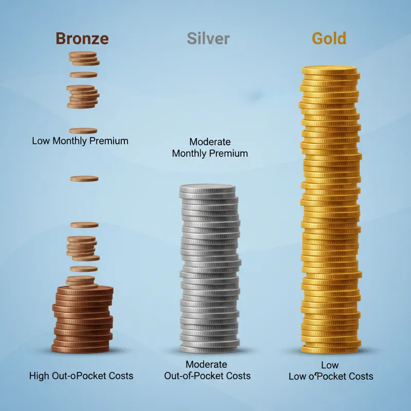 A graphic illustrating the ACA metal tiers (Bronze, Silver, Gold) with clear distinctions in premium vs. out-of-pocket costs, perhaps with coins stack
