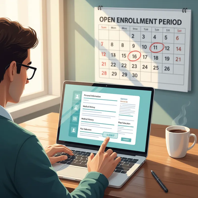 A person filling out an online application form for health insurance on a laptop, with a calendar showing open enrollment dates in the background.