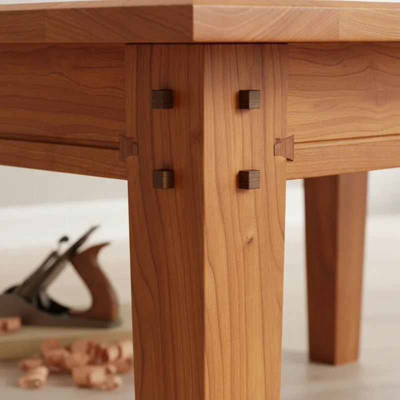 Close-up detailed shot showcasing the robust joinery of an Amish dining table leg and apron, highlighting a visible mortise and tenon joint or dovetai