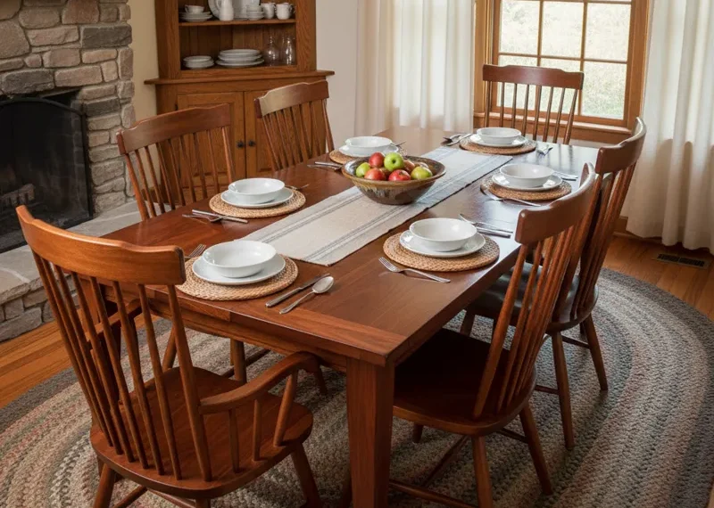 Handcrafted Amish solid wood dining table with a rich natural finish, featuring sturdy legs and a durable top, ideal for a rustic or farmhouse dining room.