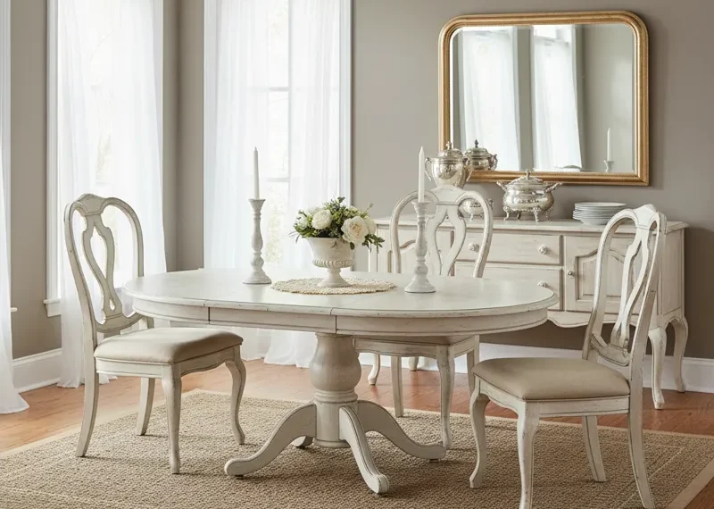 Antique white dining room set featuring a rectangular distressed wooden table and six matching chairs in a classic style.