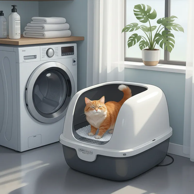 A pristine, modern litter box setup with a happy cat using it, in a bright, clean utility room. No visible mess.