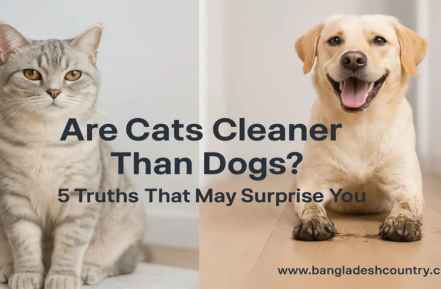 A comparison image split down the middle. On the left is a grey tabby cat with yellow eyes looking directly at the camera. On the right is a smiling golden retriever dog with its tongue out, also looking at the camera. Overlaid text asks: 'Are Cats Cleaner Than Dogs? 5 Truths That May Surprise You' with 'www.bangladeshcountry.com' at the bottom right.