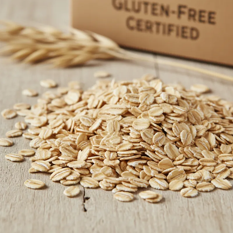 Close-up of raw old fashioned oats scattered on a wooden surface with a label'Gluten-Free Certified' blurred in the background, emphasizing the conce