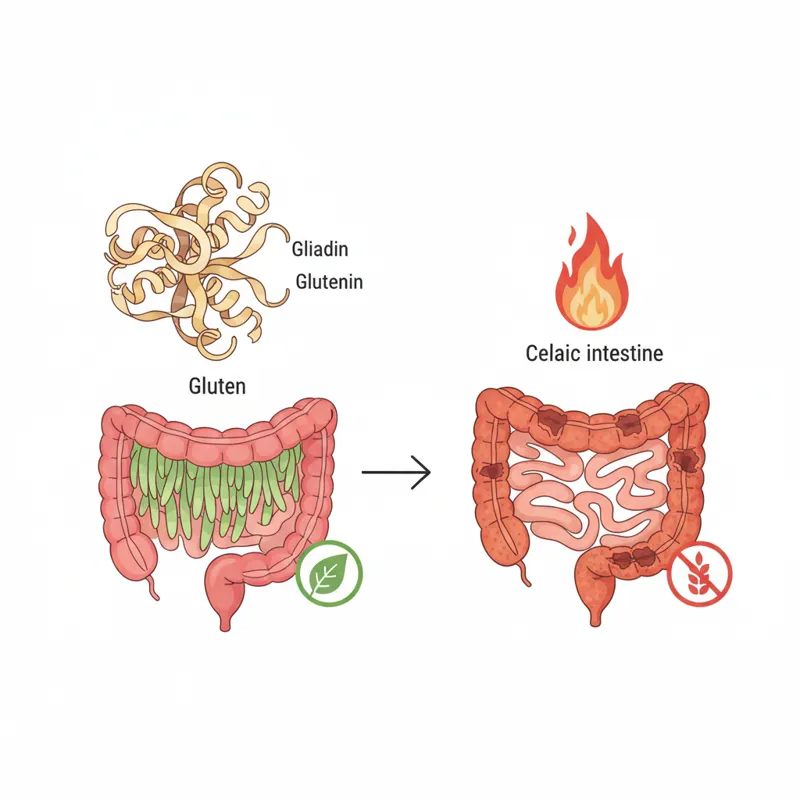A detailed infographic showing the molecular structure of gluten, accompanied by icons representing a healthy intestine and an inflamed celiac intesti