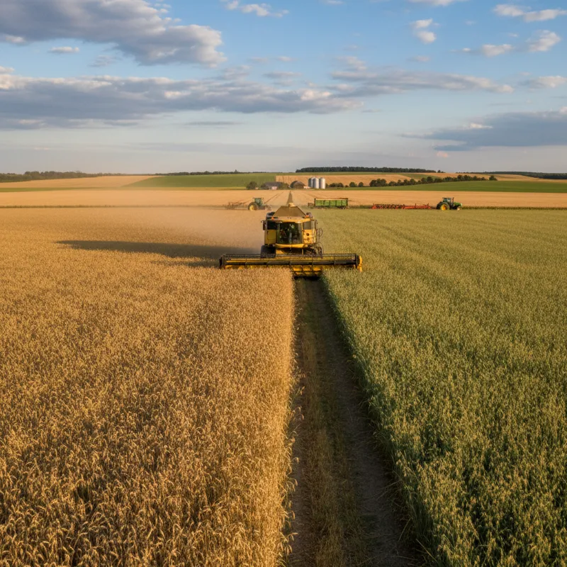 A visual representation of a wheat field adjacent to an oat field, with farm machinery (combine harvester) moving between them, illustrating the conce