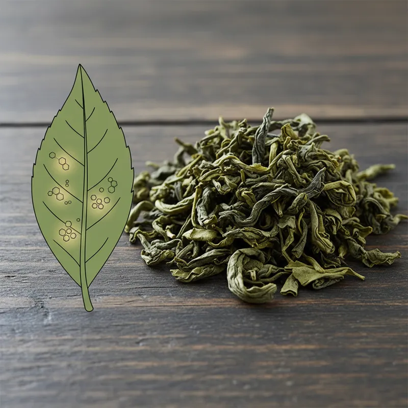 A macro shot of high-quality, dried green tea leaves next to a cross-section diagram of a tea leaf, highlighting the cells where caffeine is stored.