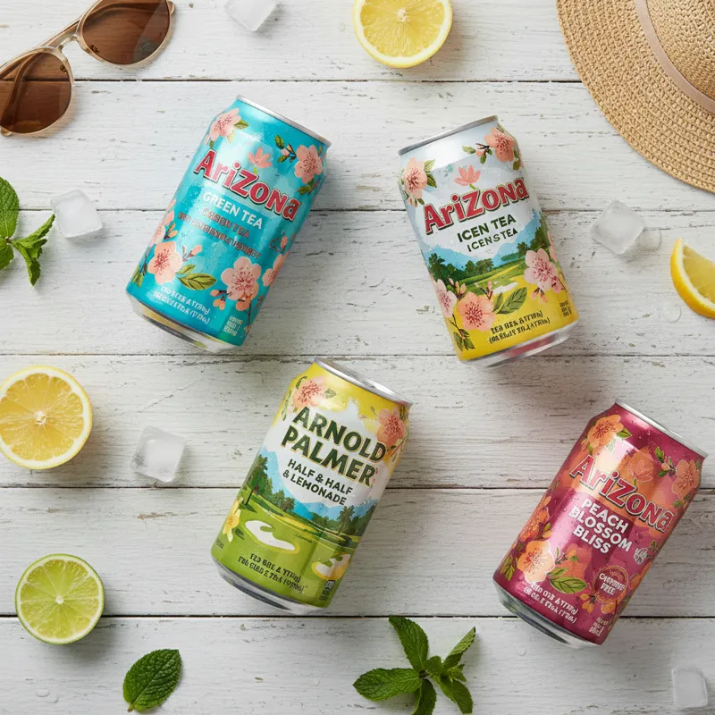 A colorful flat-lay photo showcasing a variety of different Arizona Iced Tea cans, including the classic Green Tea, Diet Green Tea, Arnold Palmer, and