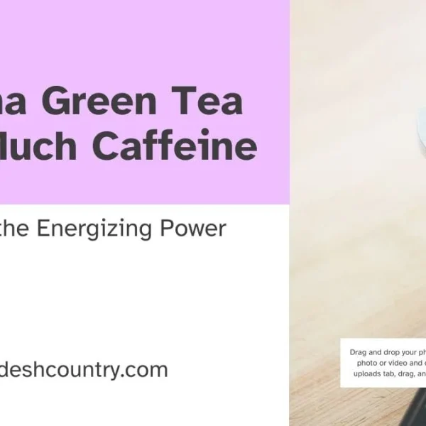 A blog post featured image with the title 'Arizona Green Tea How Much Caffeine' next to a close-up photo of a coffee portafilter filled with grounds, symbolizing the topic of caffeine.