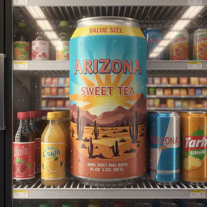 A large, iconic Arizona Sweet Tea can prominently displayed in a brightly lit convenience store refrigerator alongside other popular drinks, emphasizi