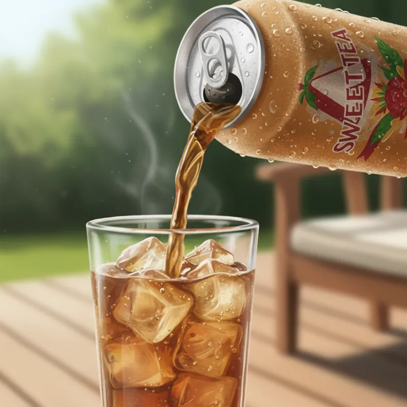 A close-up of a frosted Arizona Sweet Tea can being poured into a tall glass filled with ice, showing the rich amber color of the tea and a hint of st
