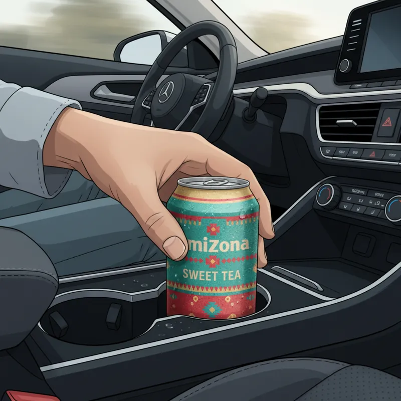 A hand reaching into a car's cup holder to grab a cold Arizona Sweet Tea can, illustrating its perfect fit for on-the-go consumption.
