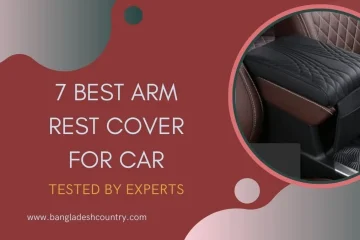 Promotional graphic: '7 Best Arm Rest Cover for Car Tested by Experts'. Features a black quilted leather car armrest cover in a car interior, with brown seats, against a maroon and abstract grey background.