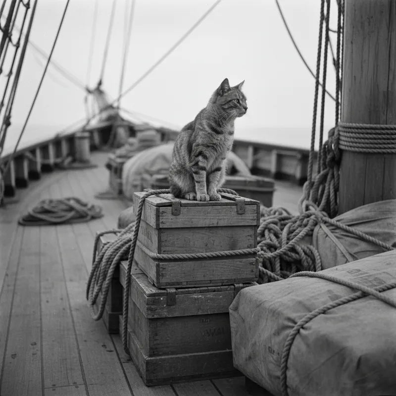 A historical black and white photo of a ship's deck with a cat perched confidently near some crates, appearing vigilant and well-fed, hinting at its r