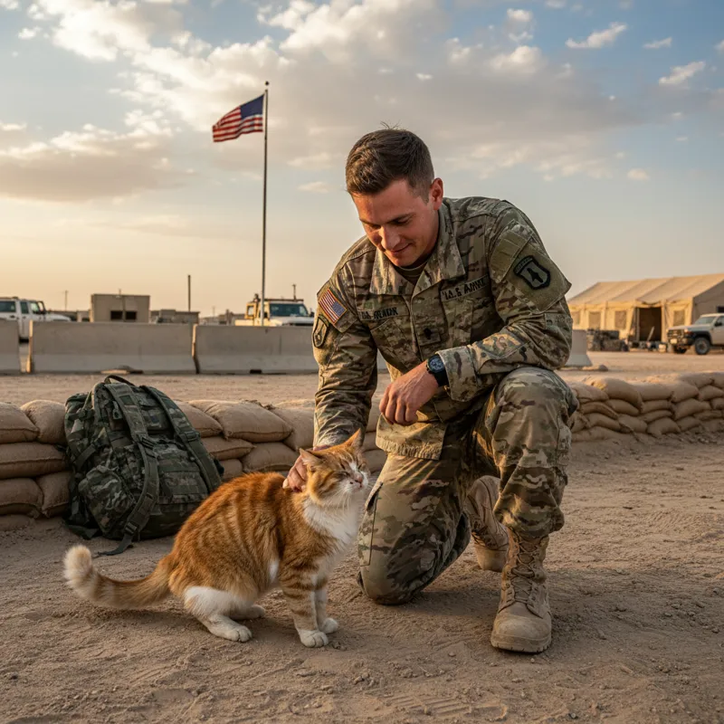 A tender, color photograph of a soldier in uniform gently petting a contented cat on a military base, showing a clear bond and emotional connection.