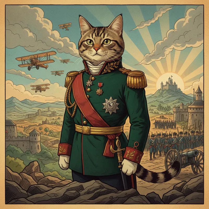 A stylized illustration depicting a famous military cat, perhaps wearing a miniature medal or a unit insignia, standing proudly against a backdrop of