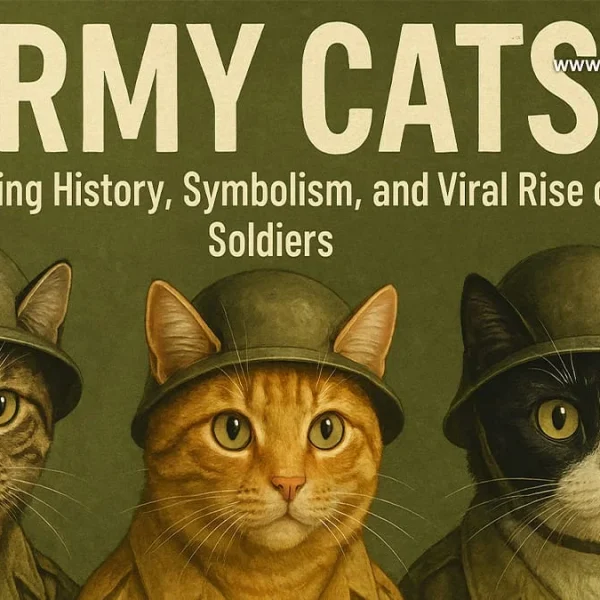 A poster titled 'ARMY CATS' features three cats wearing military helmets and uniforms: a tabby, an orange cat, and a black and white cat. Below the main title, the subtitle reads 'The Surprising History, Symbolism, and Viral Rise of Feline Soldiers'.