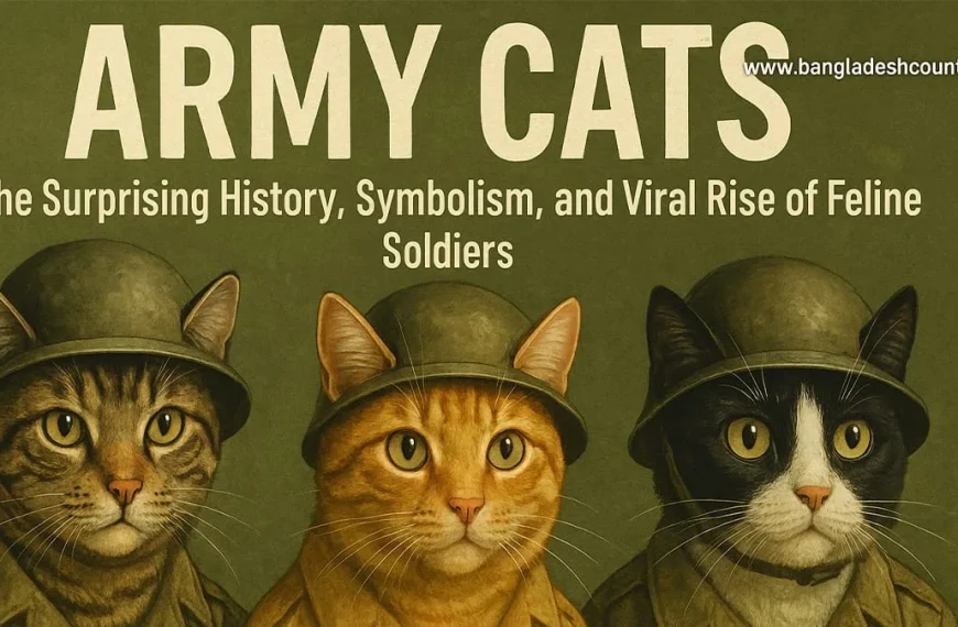 A poster titled 'ARMY CATS' features three cats wearing military helmets and uniforms: a tabby, an orange cat, and a black and white cat. Below the main title, the subtitle reads 'The Surprising History, Symbolism, and Viral Rise of Feline Soldiers'.
