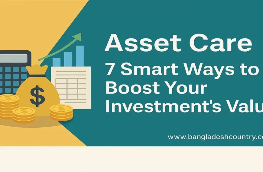 Infographic titled 'Asset Care: 7 Smart Ways to Boost Your Investment's Value,' depicting a calculator, a money bag with a dollar sign, stacks of gold coins, and a bar chart with an upward growth arrow.
