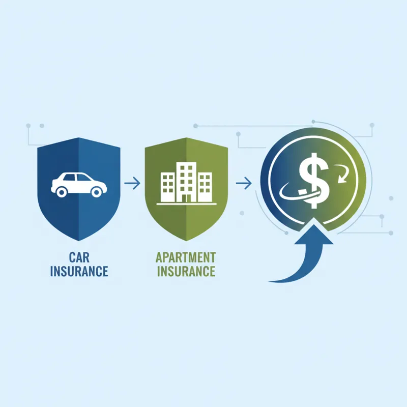 A graphic illustrating two separate insurance policies (car and apartment) merging into one combined policy with a dollar sign representing savings.