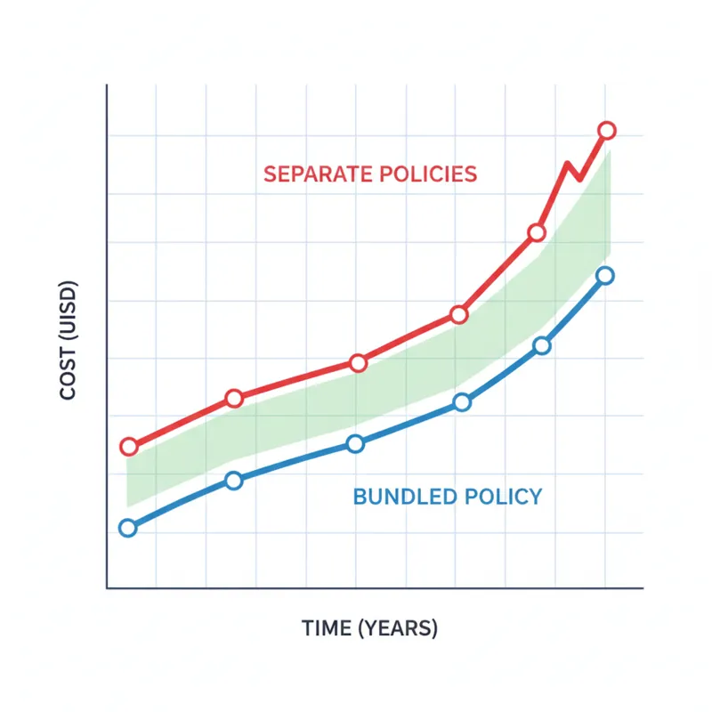 A financial graph showing two lines, one representing total cost of separate policies and another, lower line representing the total cost of a bundled