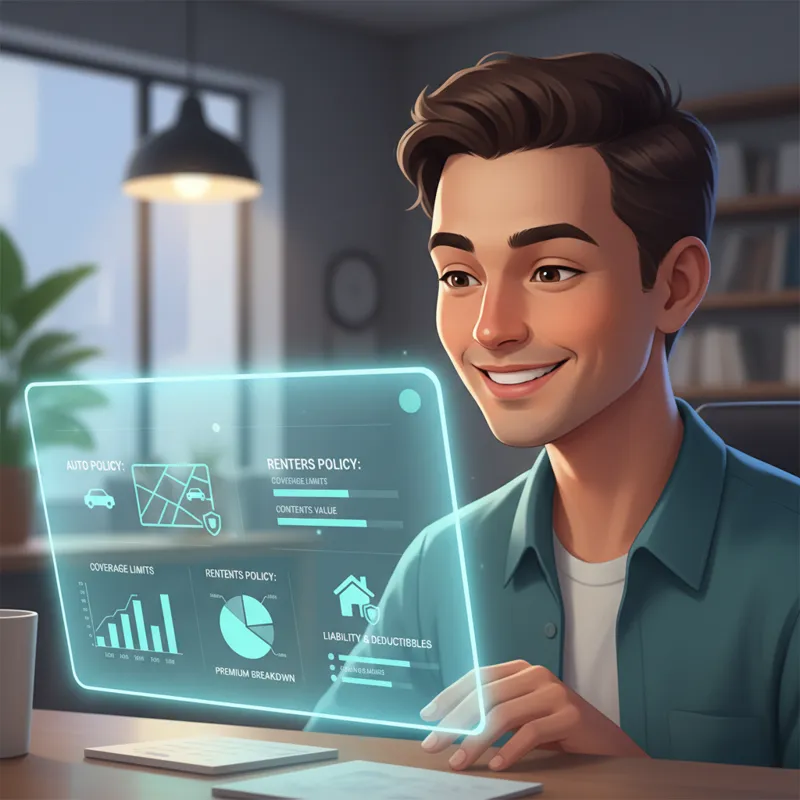 A person smiling, looking at a single digital dashboard displaying combined auto and renters insurance details.